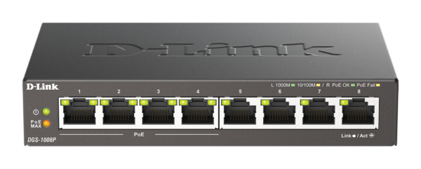D-Link DGS-1008P 8-Port Gigabit Unmanaged PoE+ Network Switch – 60W